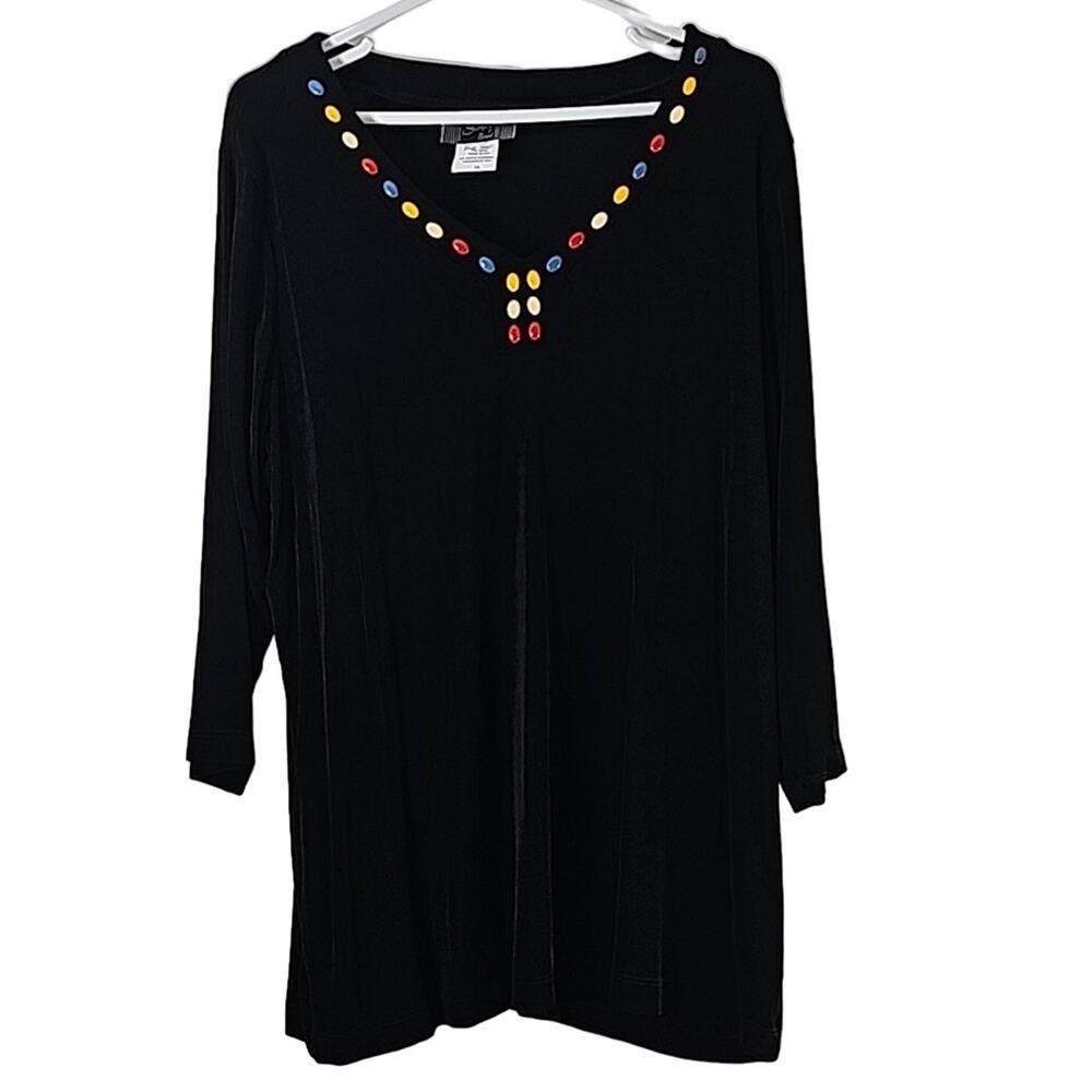 Womens Sz 1X Black Slinky Brand Stretch Colorful Beaded V-neck Made in USA Top